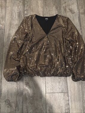 INC International Concepts Metallic Gold Sequin V-Neck Long Sleeve Top size L